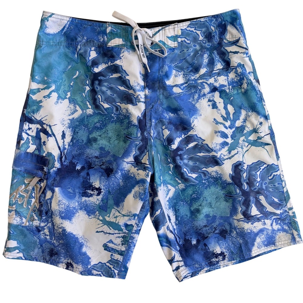 Rusty Mens Blue White Abstract Board Shorts Size 36 Surf Swim Trunks
